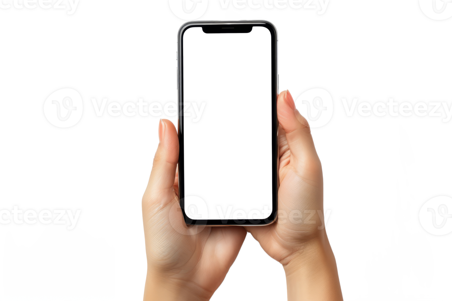 Blank white screen of Mobile phone with hand holding phoneisolated on transparent background With clipping path.3d rendering png