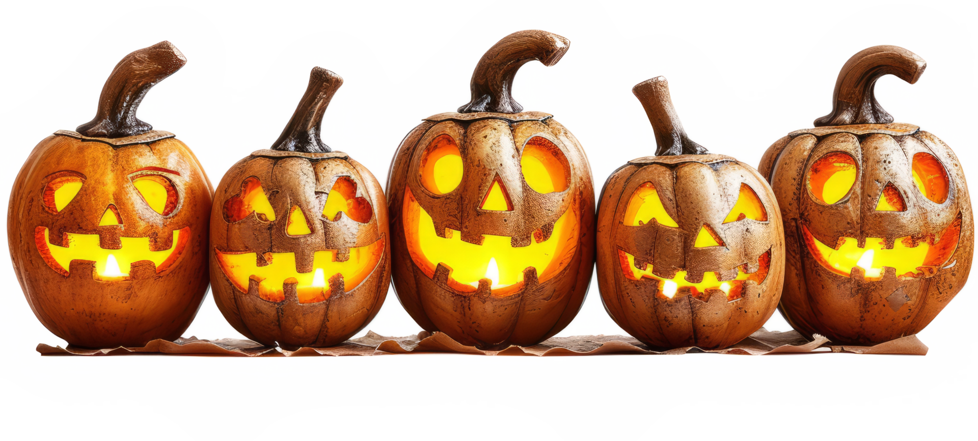 Five Halloween glowing lantern pumpkins in a row isolated on transparent background With clipping path, cut out. 3d render png