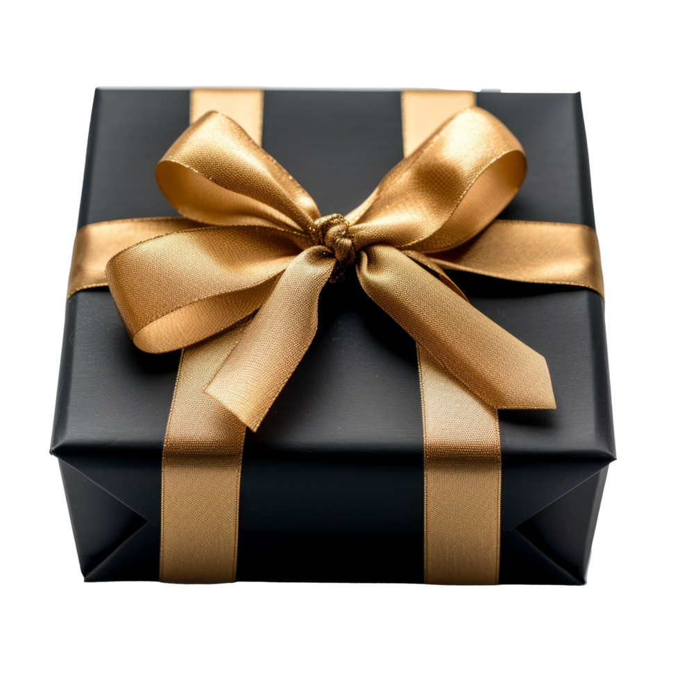 Christmas gift black box tied with gold ribbon. iisolated on transparent background With clipping path.3d render png