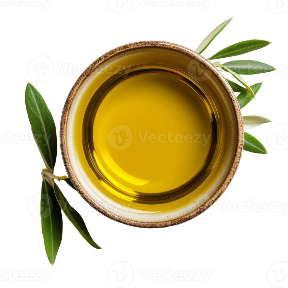 Bowl of fresh olive oil isolated on transparent background With clipping path.3d rendering png