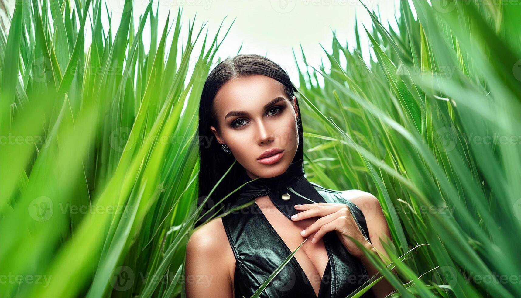 beautiful woman portrait lush vegetation photo