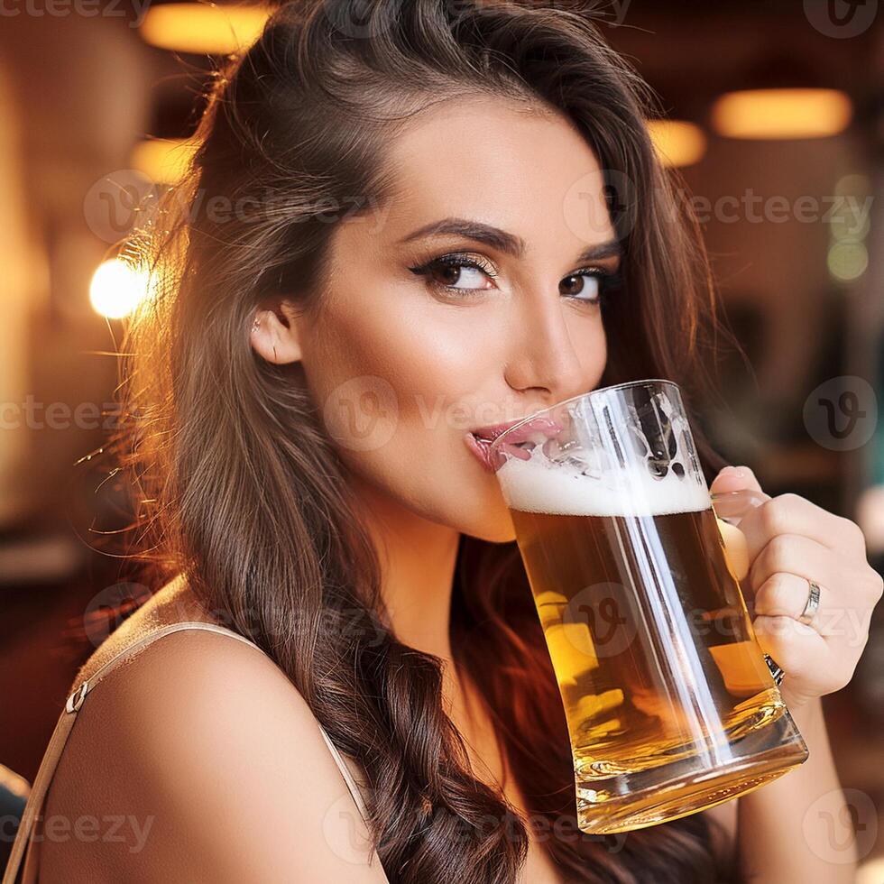 gorgeous brunette woman drinking beer photo