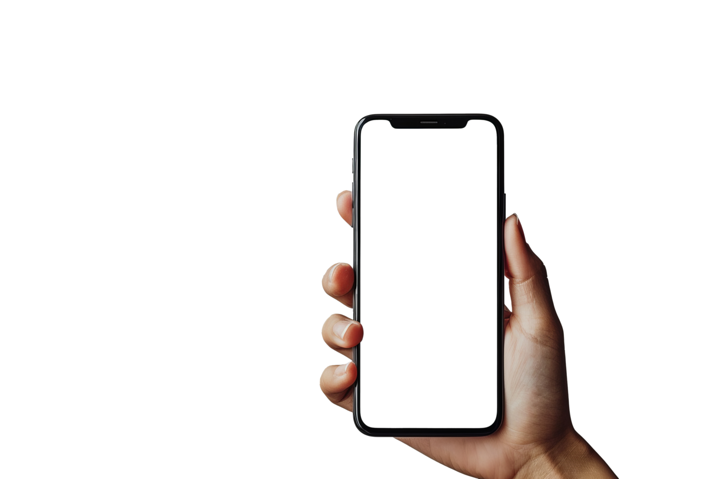 Close up hand holding holding black mobile phone with blank white screen isolated on transparent background With clipping path.3d render png