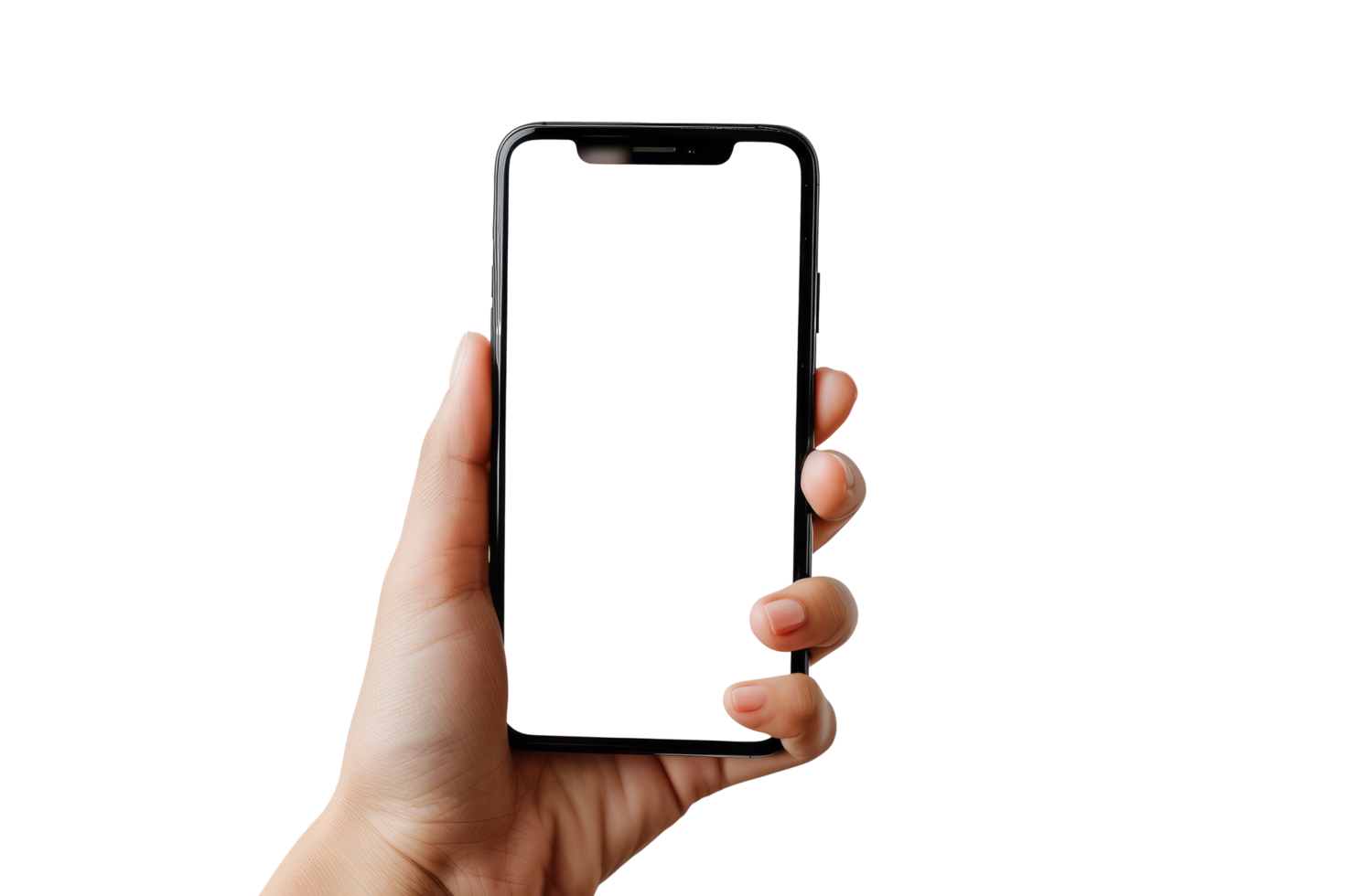 Close up hand holding holding black mobile phone with blank white screen isolated on transparent background With clipping path.3d render png