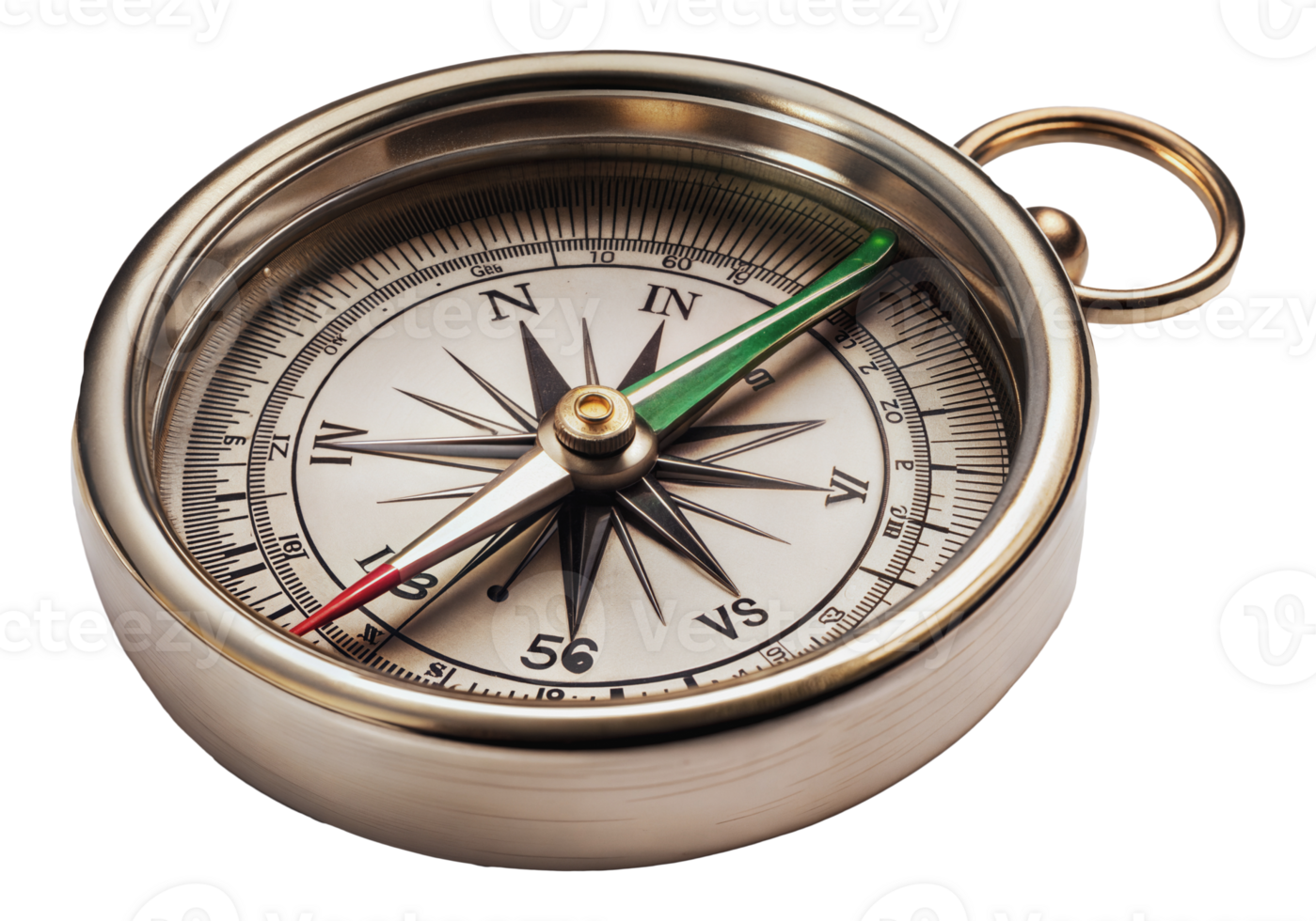 A classic round compass with red, green, and silver needle, cut out - stock png. png