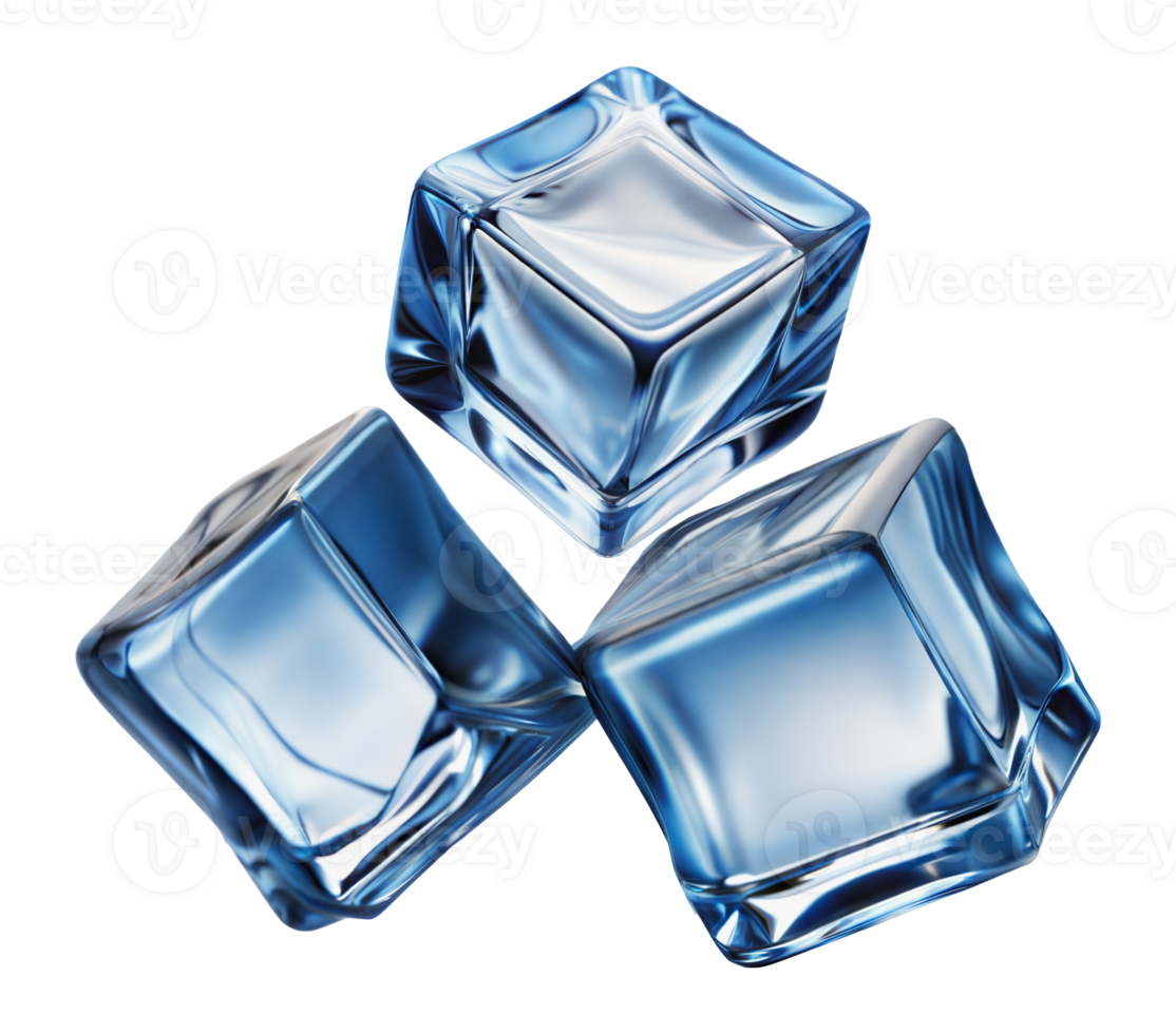 Three blue ice cubes falling, cut out - stock png. png