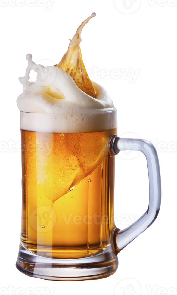 A glass of beer with foam splashing upward, cut out - stock png. png
