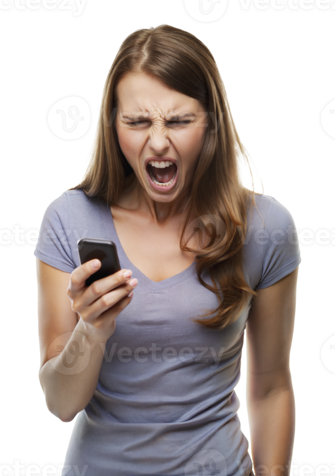 Angry woman yelling at smartphone while standing, cut out - stock png. png