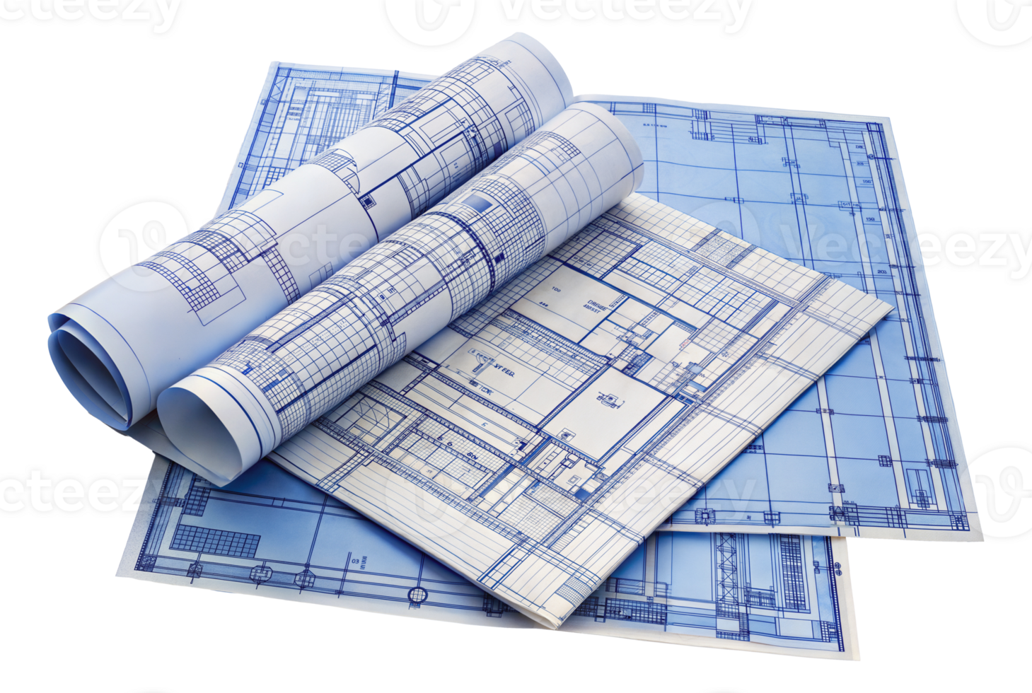 Rolled up architectural blueprints for building construction design, cut out - stock png. png