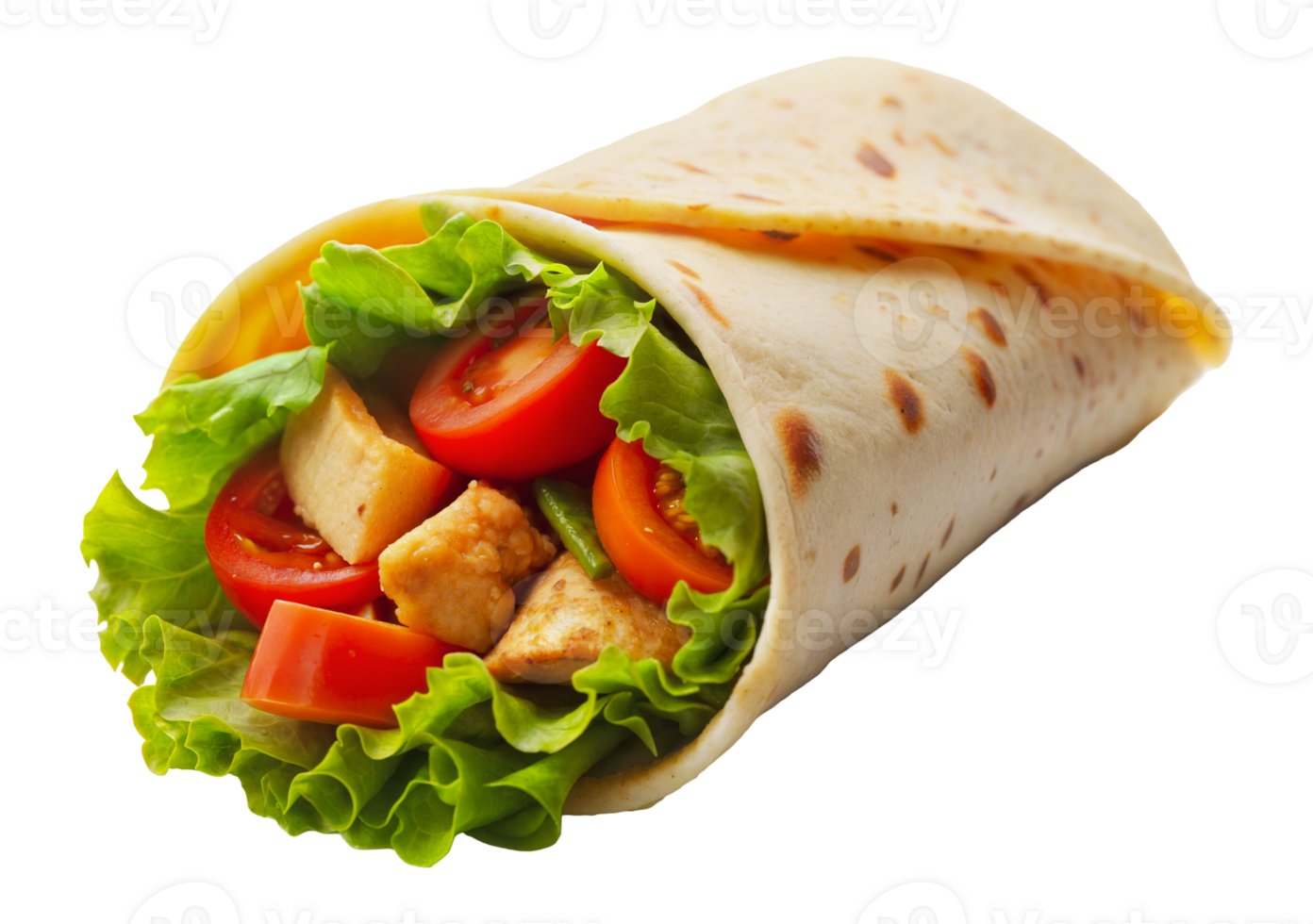 Close up of a chicken and vegetable wrap, cut out - stock png. png