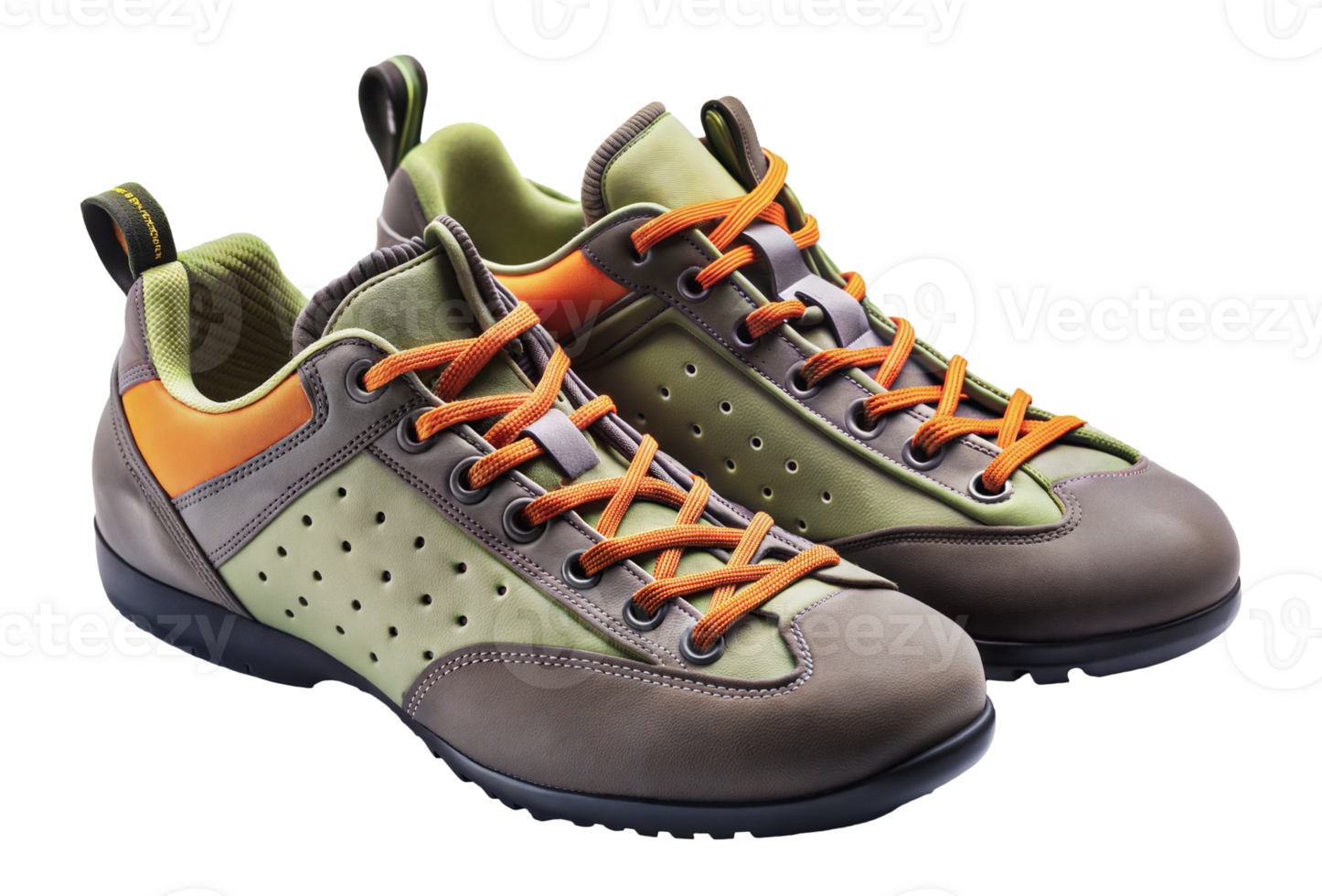 Pair of green and orange leather hiking shoes with orange laces, cut out - stock png. png