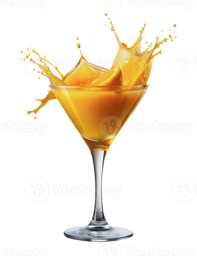 Orange juice splashing from a martini glass, cut out - stock png. png