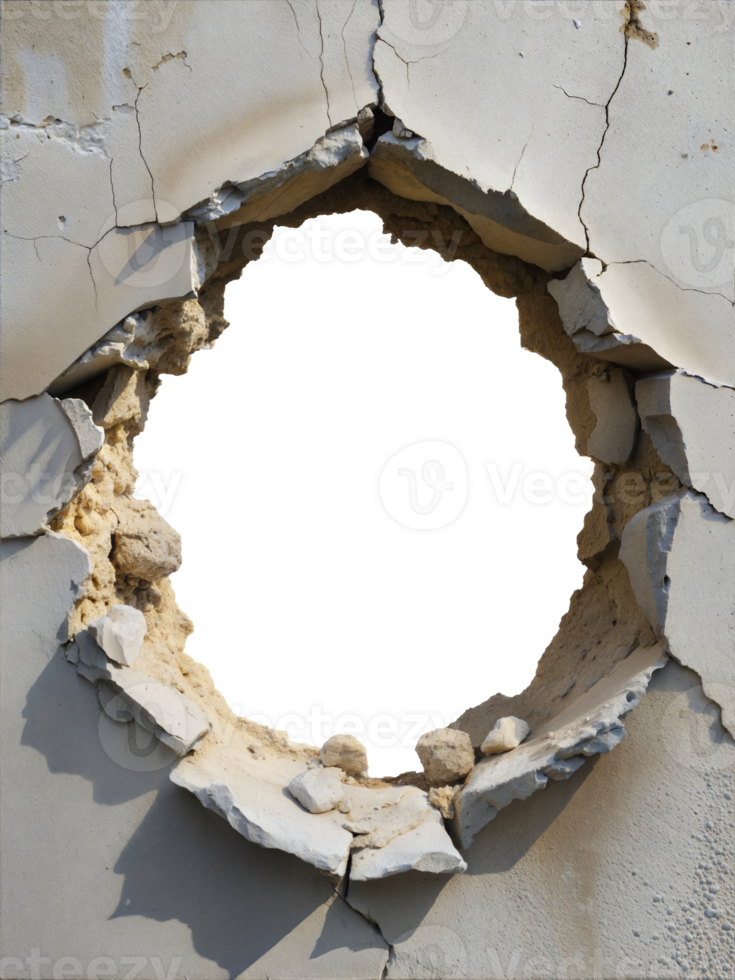 A large hole in a concrete wall with rough edges, cut out - stock png. png