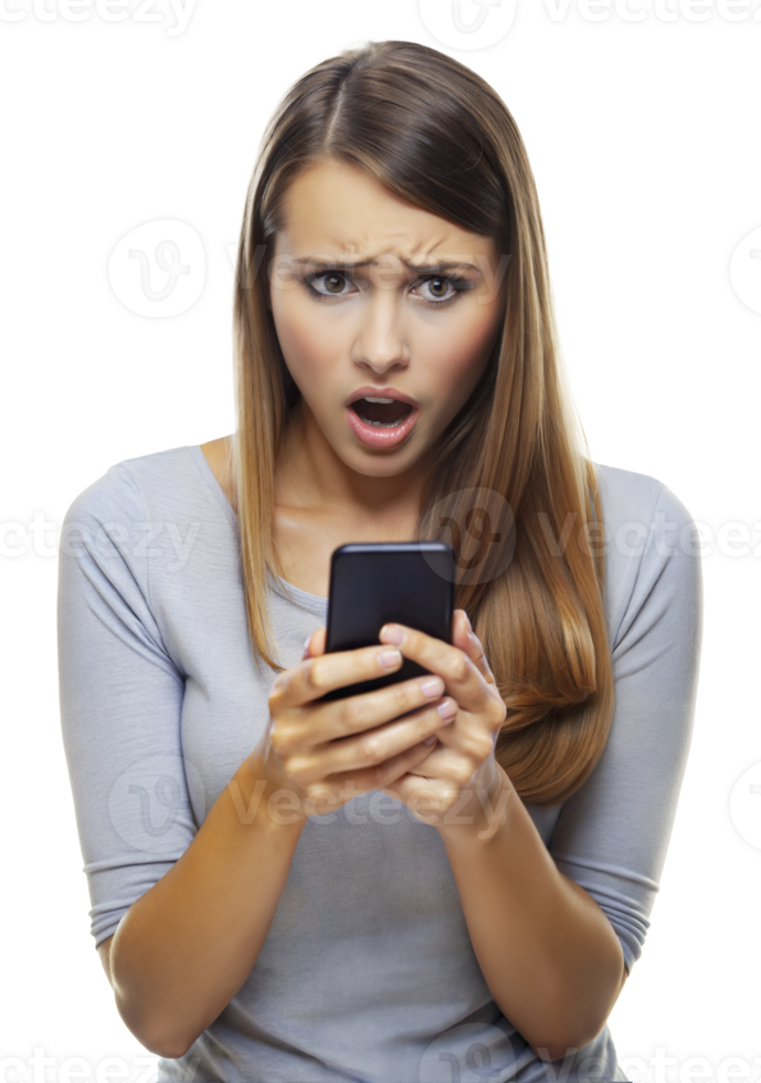 Woman reacts to shocking text message on smartphone, cut out - stock png. png