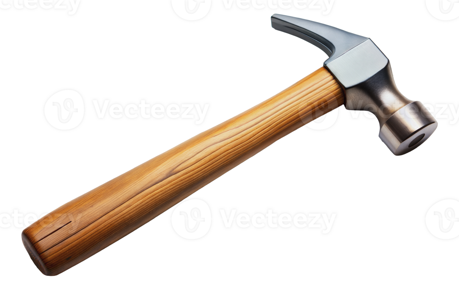 A wooden-handled hammer with a curved claw and rounded head, cut out - stock png. png