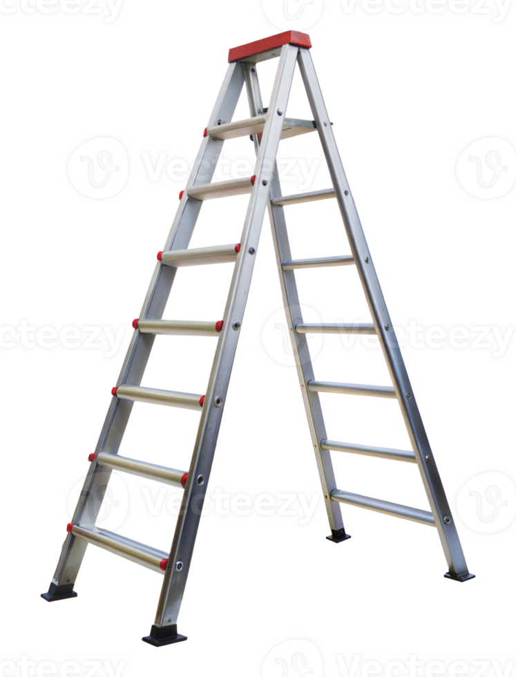 A silver aluminum step ladder with red caps, cut out - stock png. png