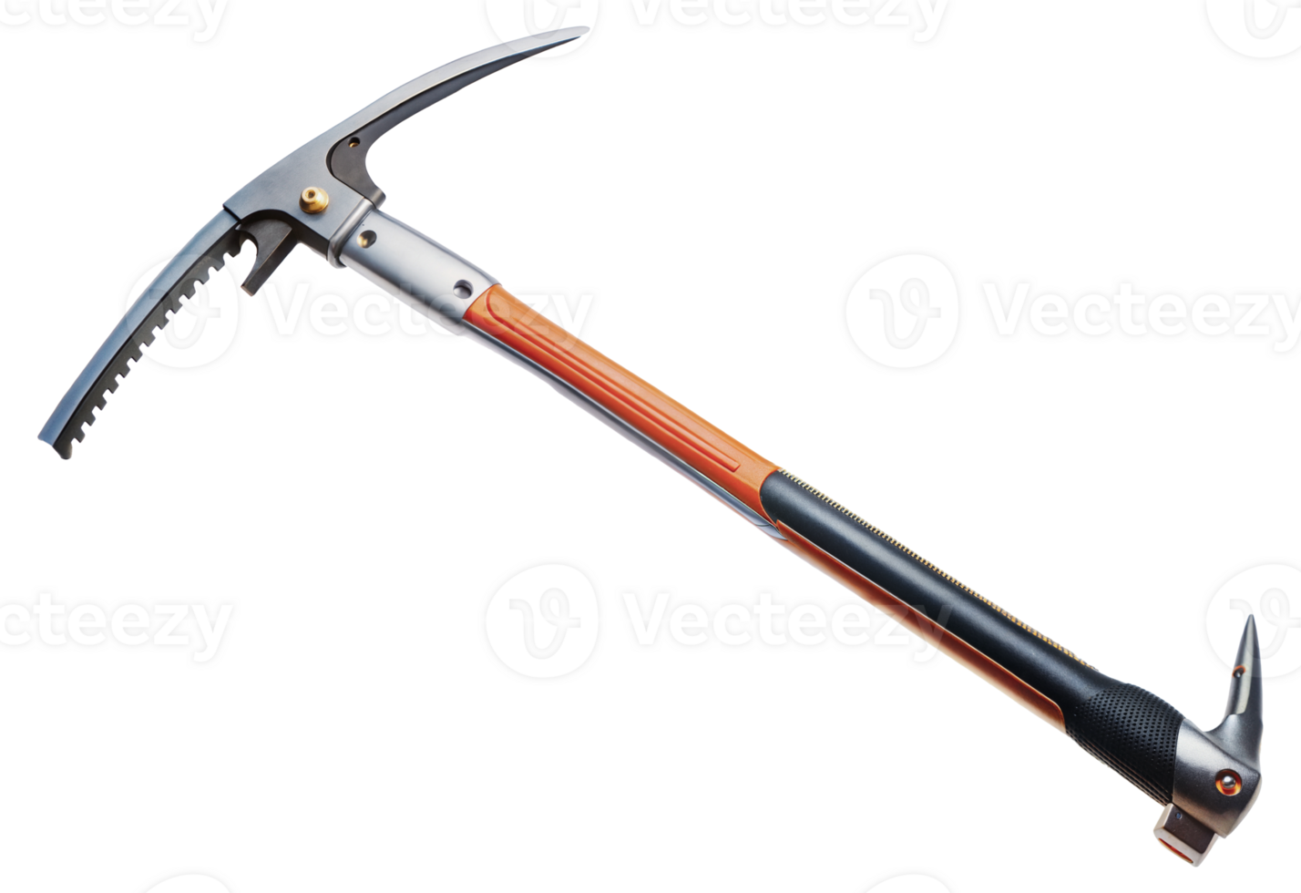 Ice climbing pickaxe with orange handle and serrated adze, cut out - stock png. png