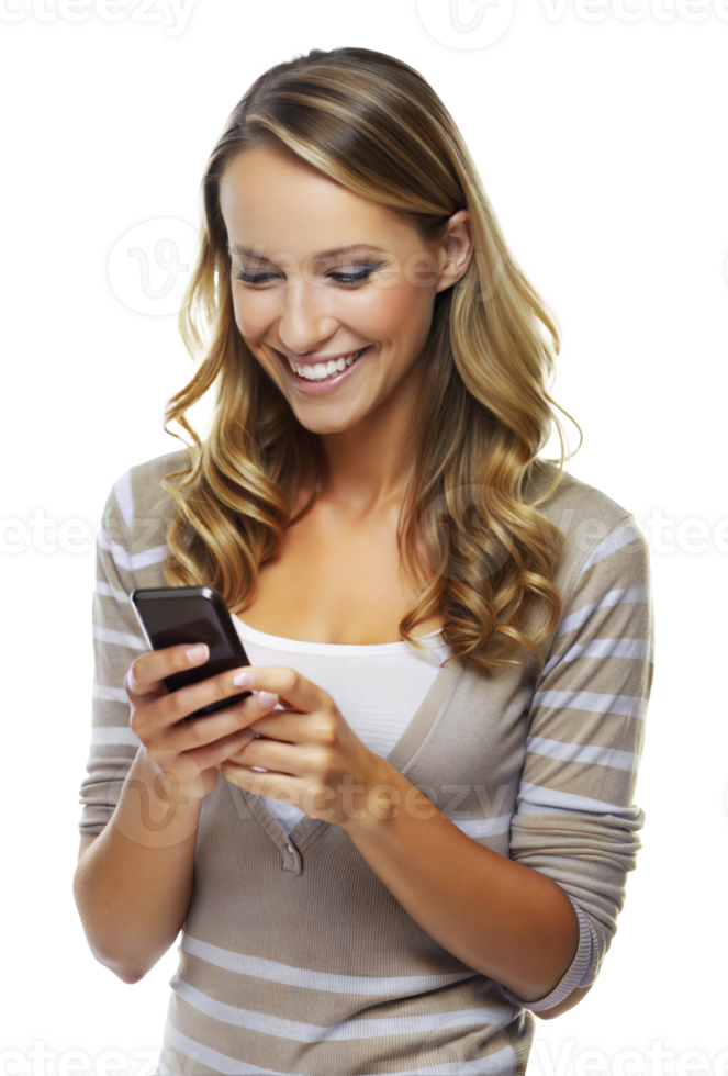Young woman smiling and reading a text message on her phone, cut out - stock png. png
