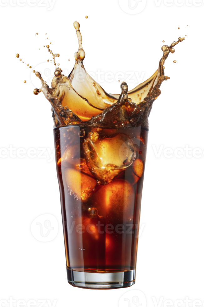 A glass of icy cola with splashing liquid, cut out - stock png. png