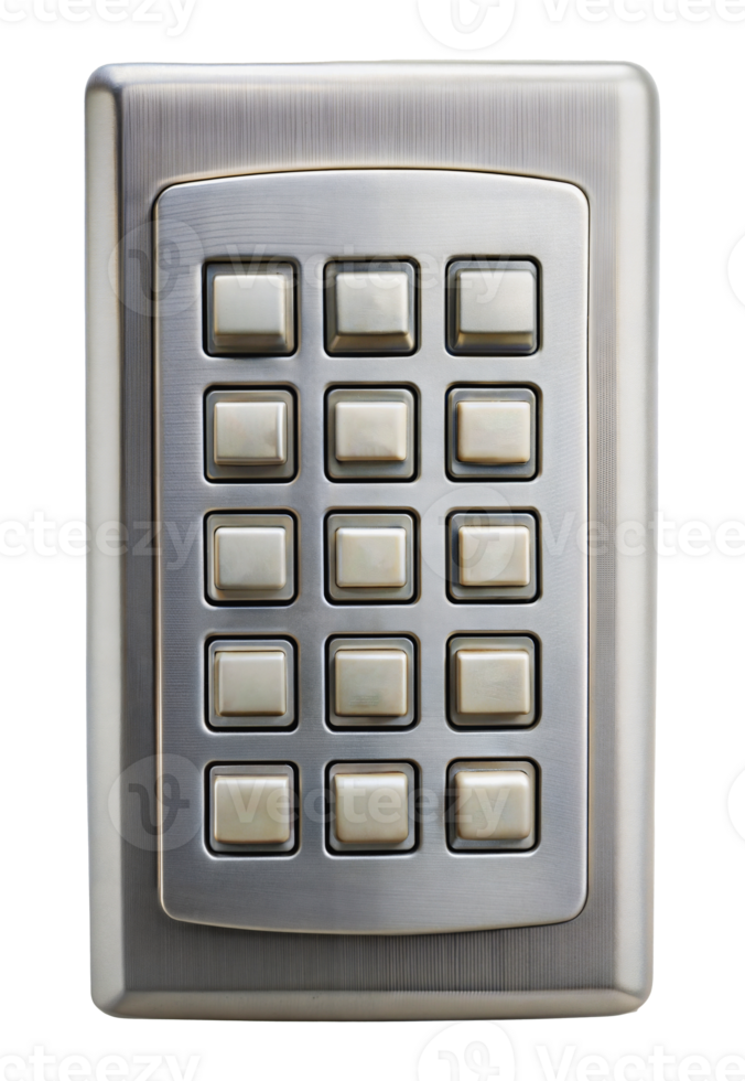 Stainless steel keypad with twenty buttons for security system access, cut out - stock png. png