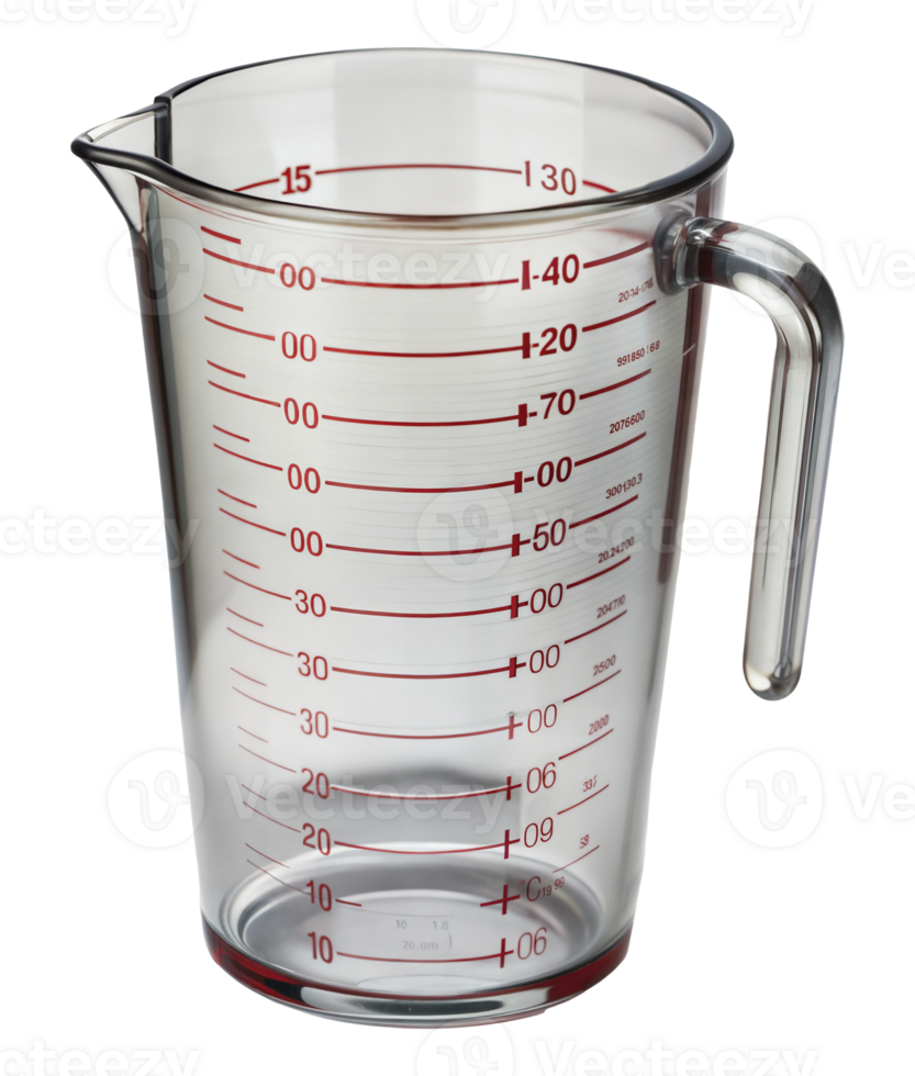 Clear plastic measuring cup with red markings, cut out - stock png. png