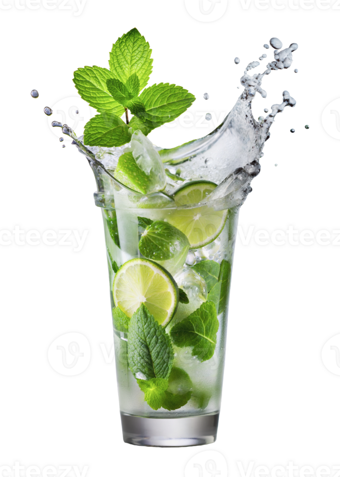 Refreshing lime and mint cocktail with ice splashing, cut out - stock png. png