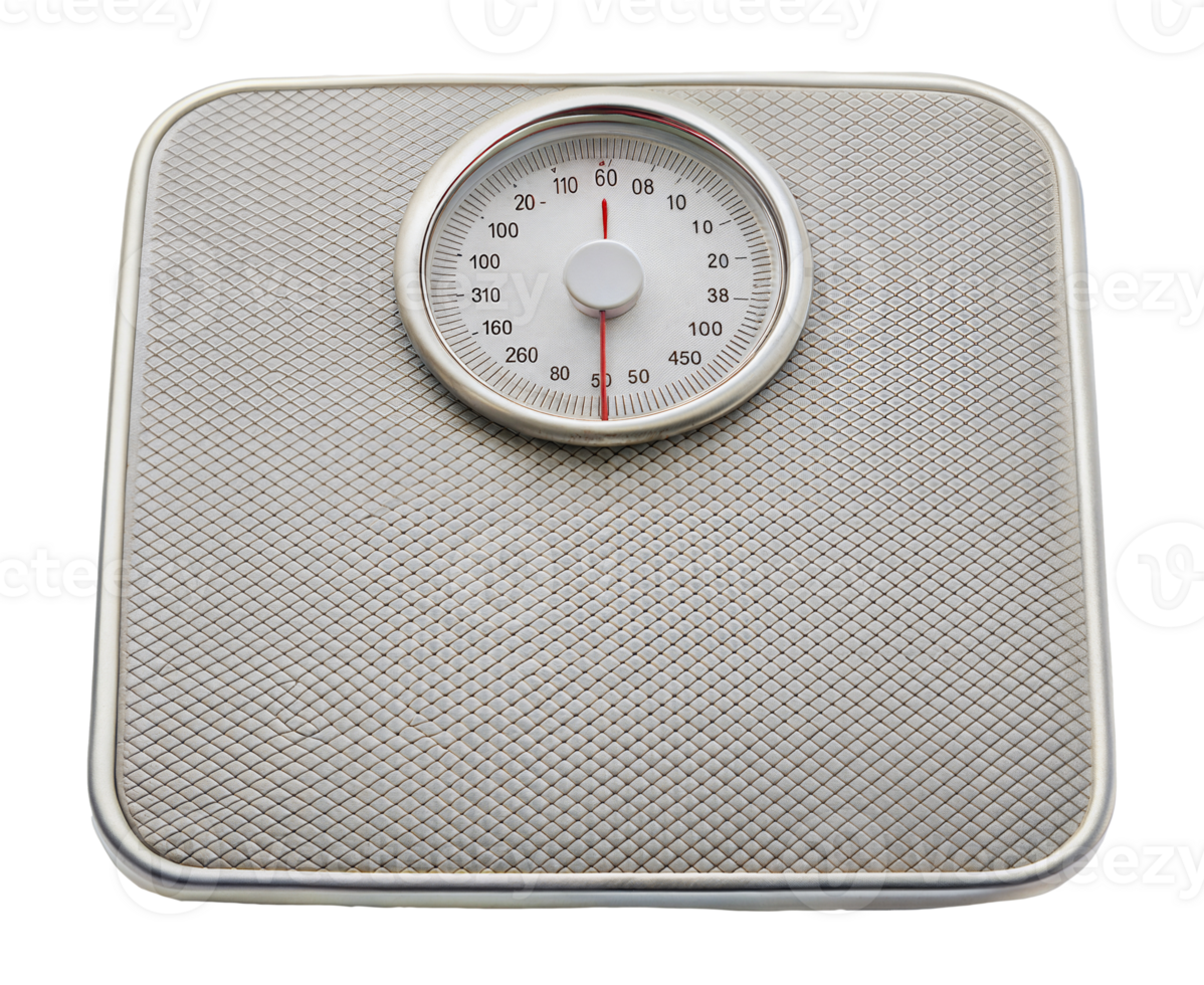 Silver dial bathroom scale with red needle, cut out - stock png. png