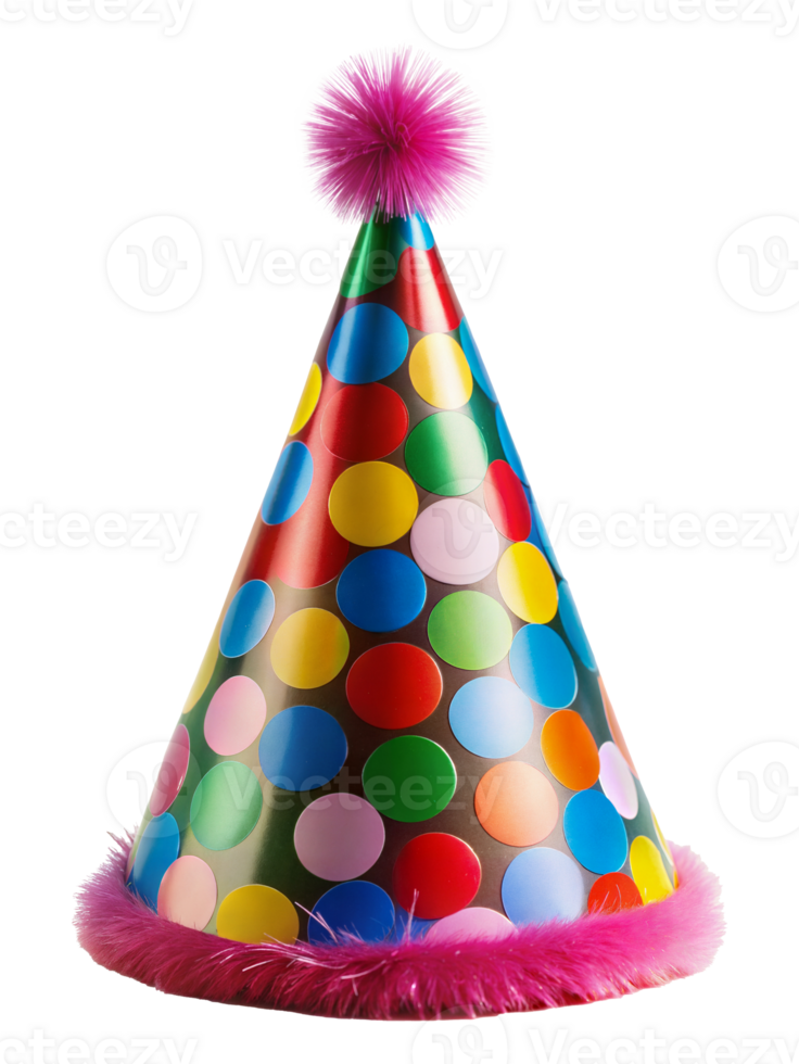 Colorful polka dot party hat with pink pom-pom and fur trim png