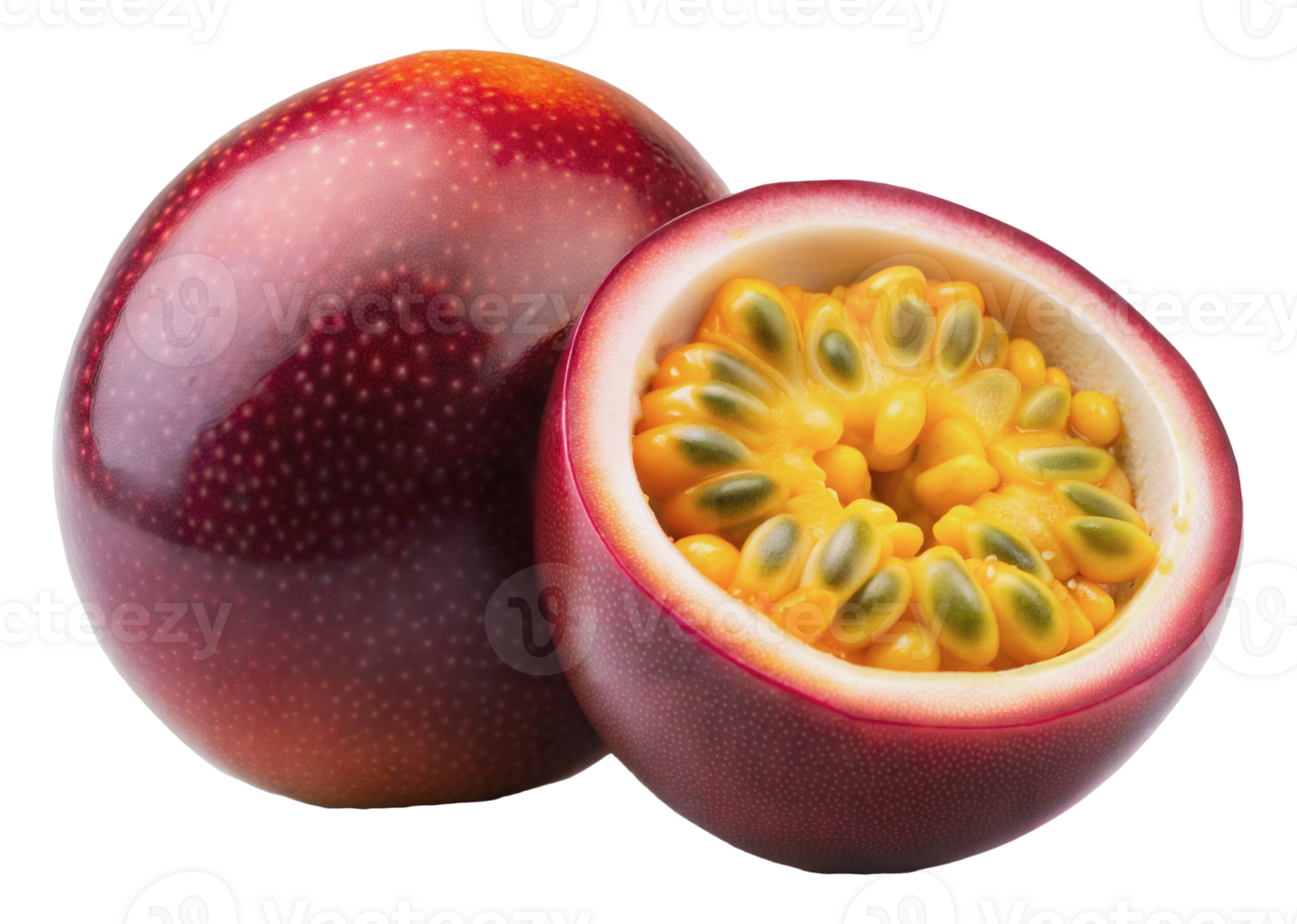 A whole and half passion fruit, cut out - stock png. png