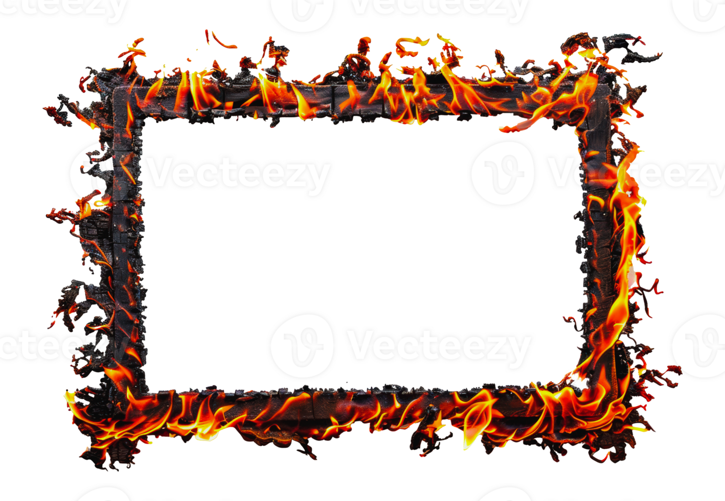 Burning frame with orange flames and black charred edges png