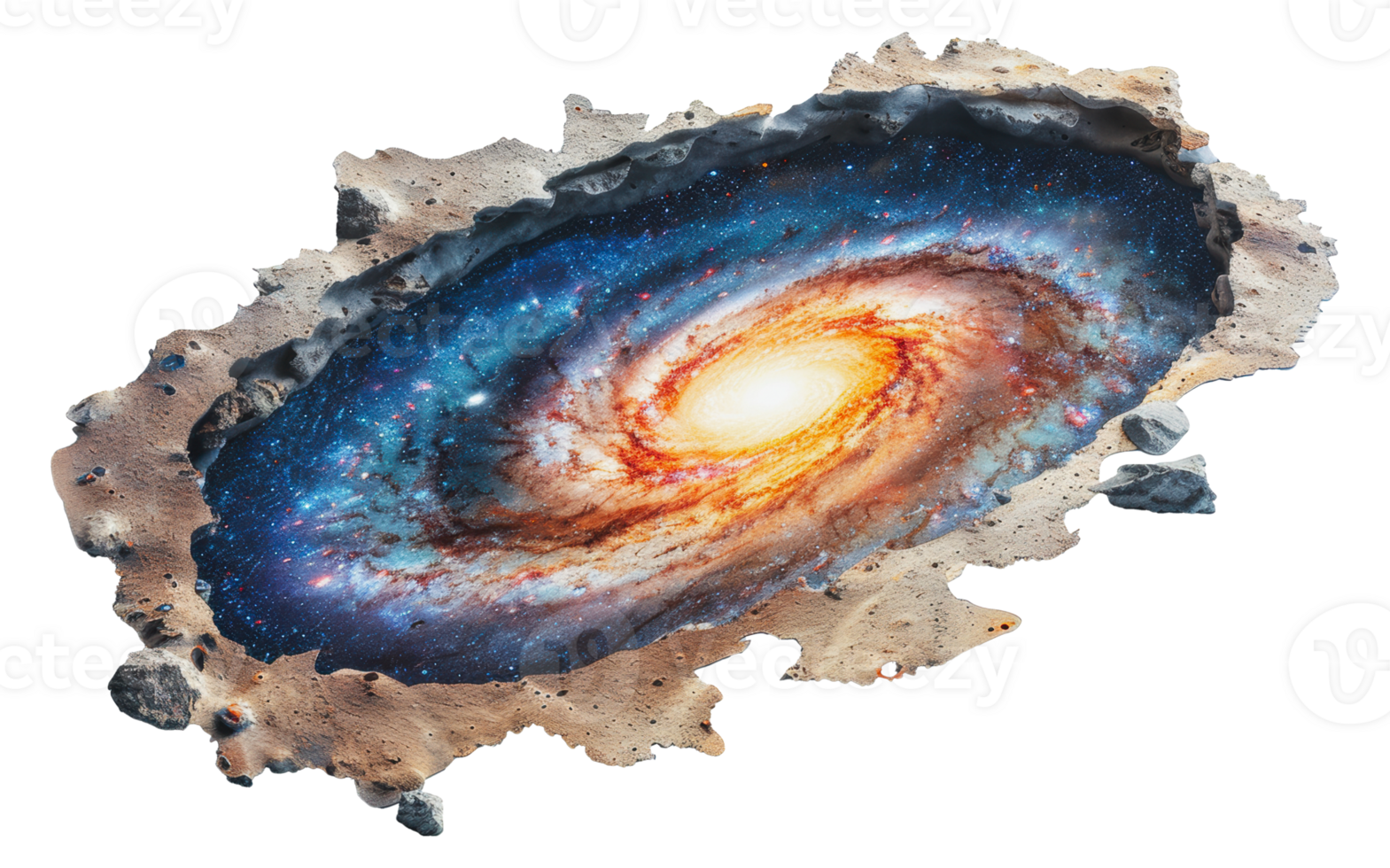 Spiral galaxy image showing a realistic crack in the surface, cut out - stock png. png
