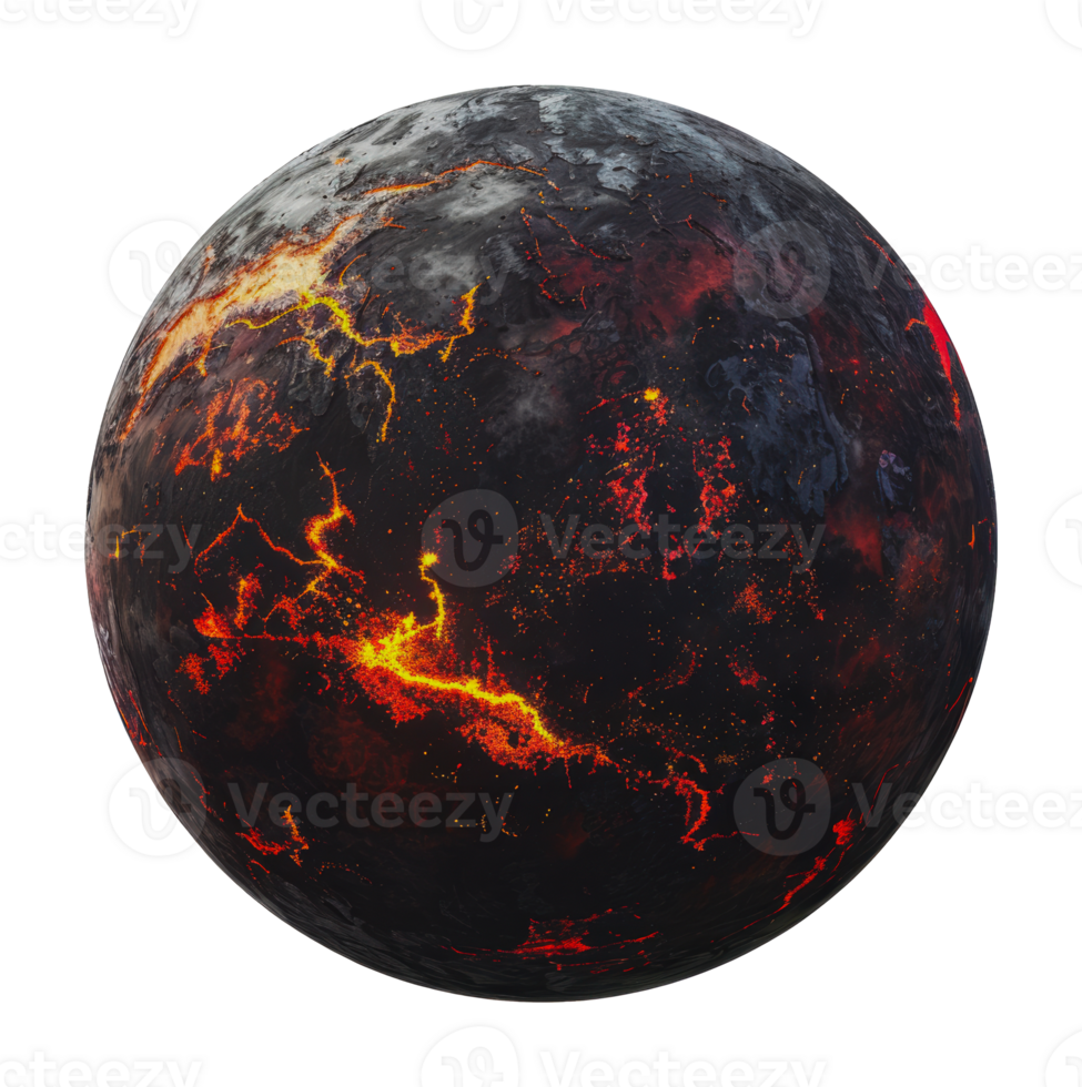 Lava planet with molten rivers, cut out - stock png. png
