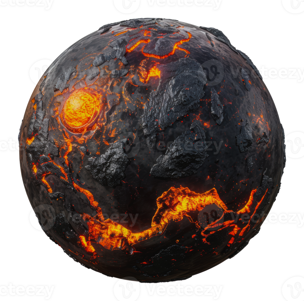 Glowing lava planet with cracked surface and volcanic eruptions, cut out - stock png. png