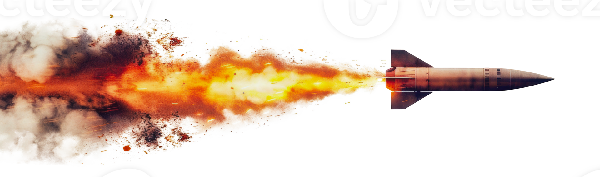 A missile with a fiery trail blazing through the sky, cut out - stock png. png