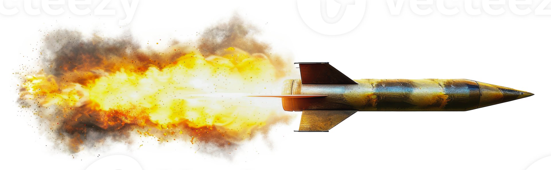 Camouflaged missile launching with fiery trail, cut out - stock png. png