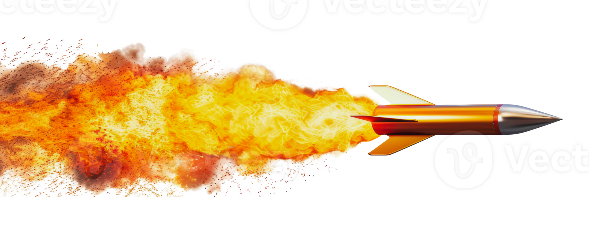 Isolated missile rocket with fiery trail in flight, cut out - stock png. png