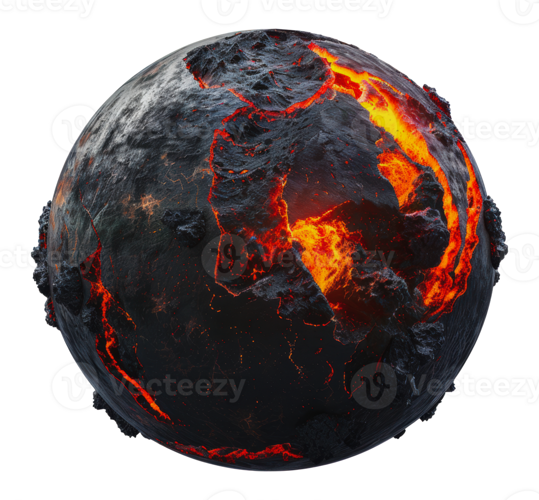 A 3d render of a lava planet with molten rock flowing, cut out - stock png. png