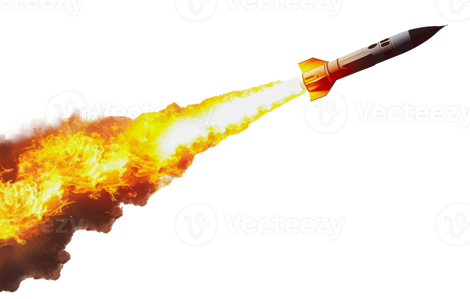 Missile rocket launching with fiery trail, cut out - stock png. png