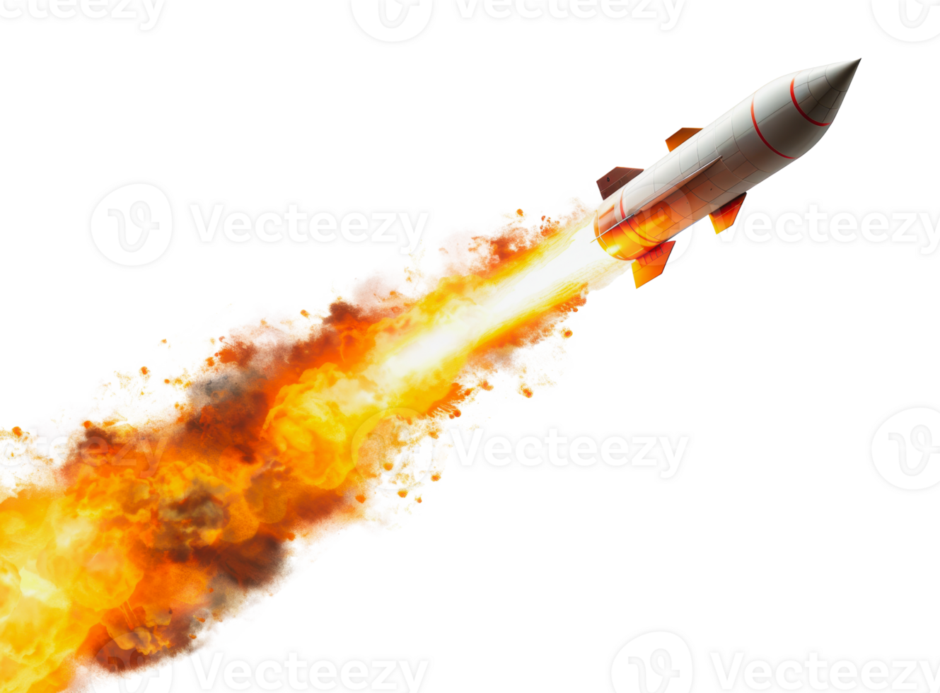 White missile rocket launching with fiery trail, cut out - stock png. png