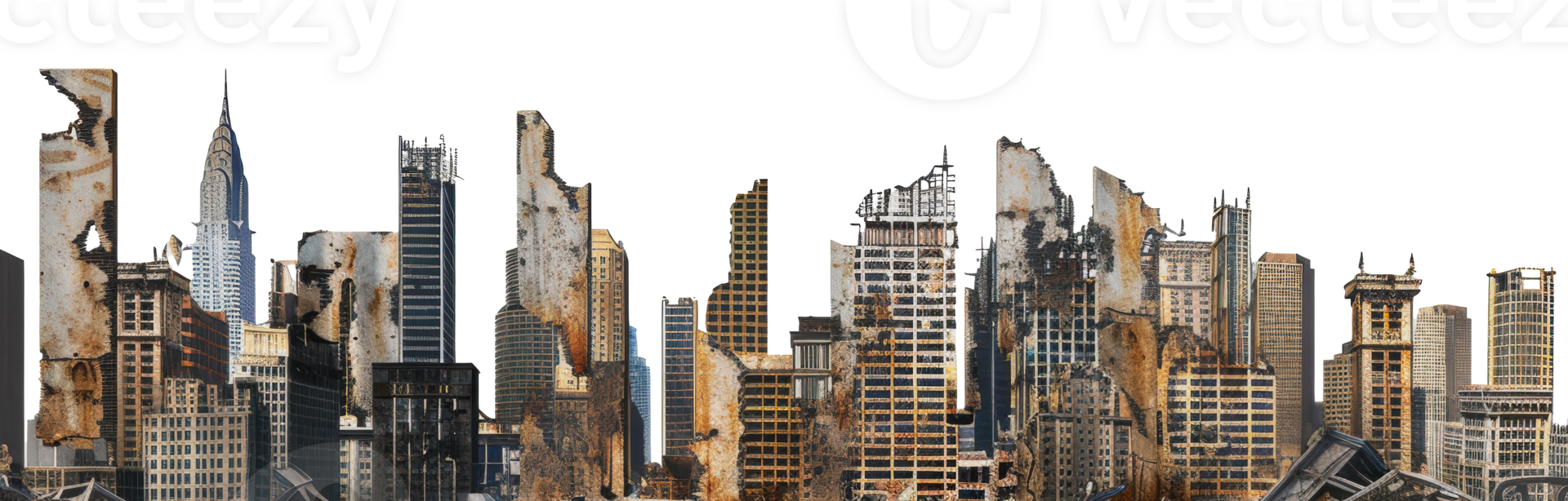 Post-apocalyptic cityscape skyline with ruined buildings, cut out - stock png. png