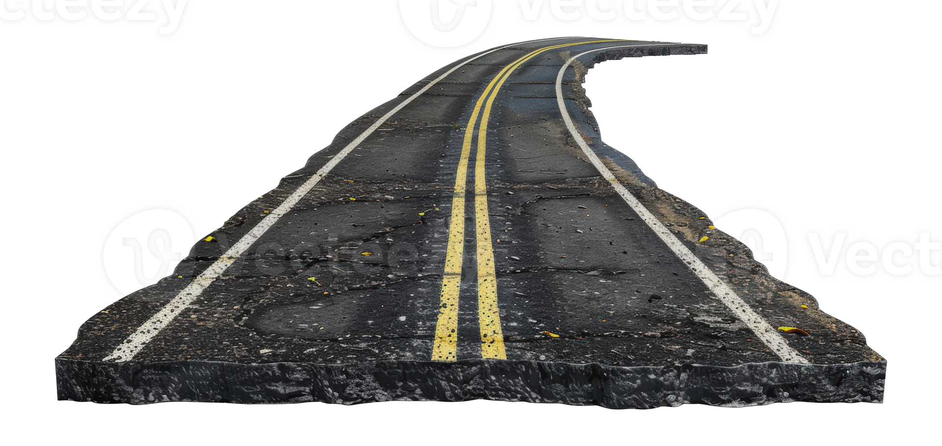 Isolated curved road with yellow lines and white lane markers, cut out - stock png. png