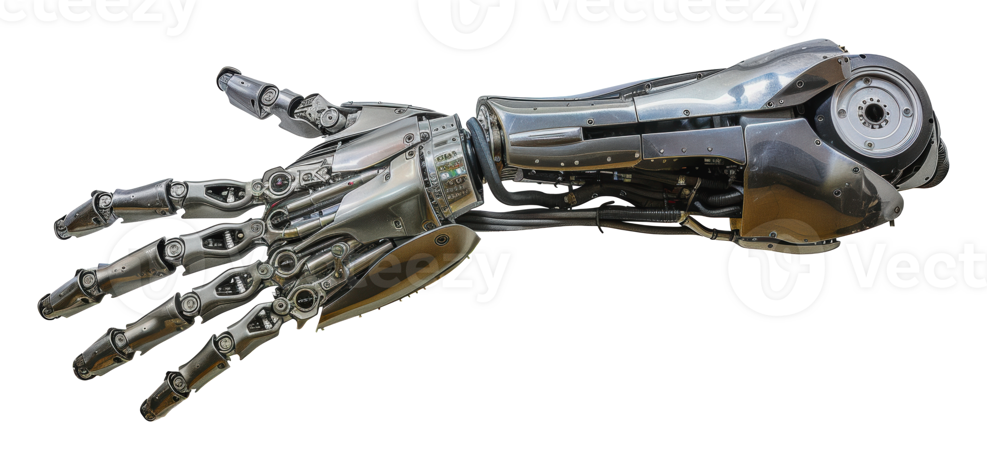 Detailed view of a metallic robot hand reaching out, cut out - stock png. png