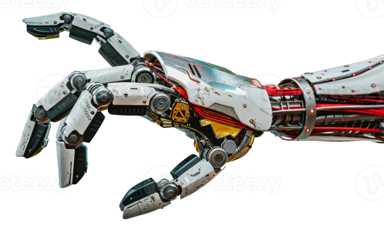 Close-up view of a detailed robot hand reaching out, cut out - stock png. png
