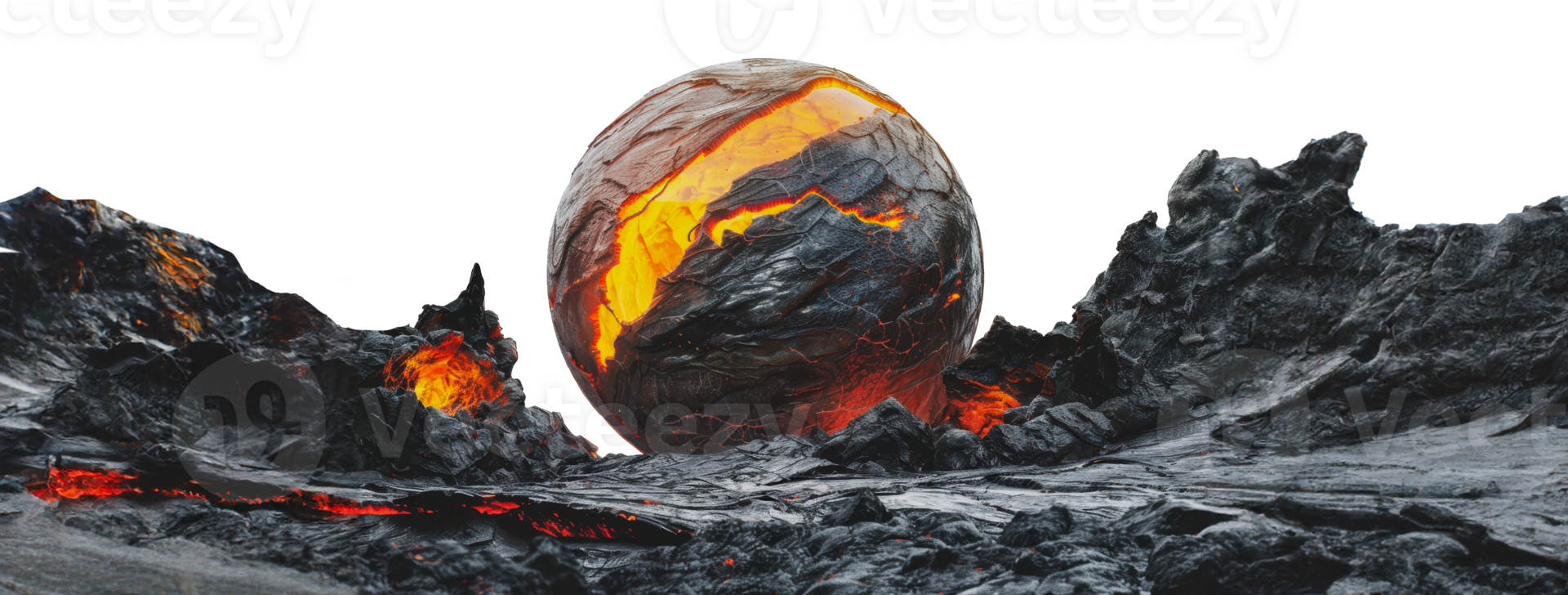 Molten lava sphere in volcanic landscape, cut out - stock png. png