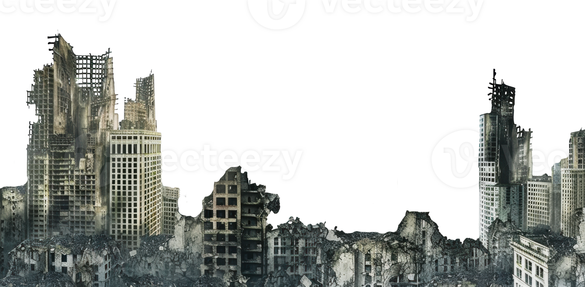 Ruined skyscrapers after a devastating cityscape apocalypse, cut out - stock png. png