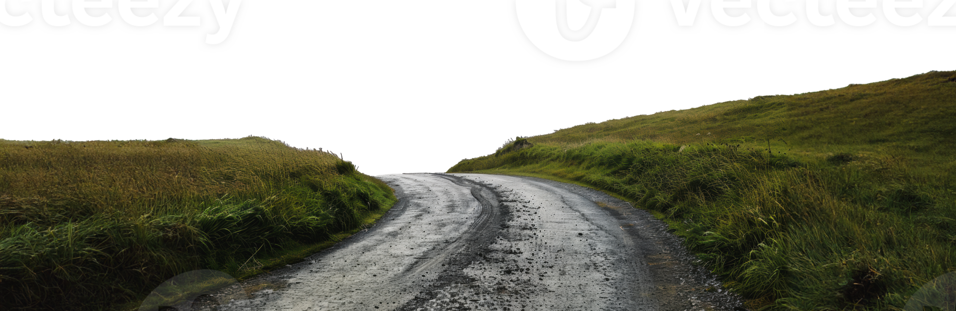 enroulement gravier route par vert collines sur une nuageux jour, Couper en dehors - Stock png. png