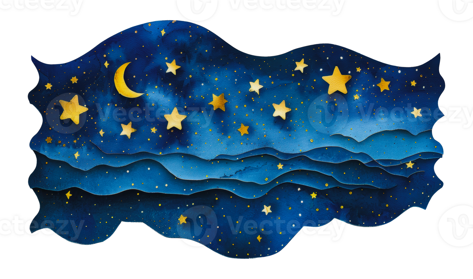 Watercolor night sky with crescent moon and stars, cut out - stock png. png