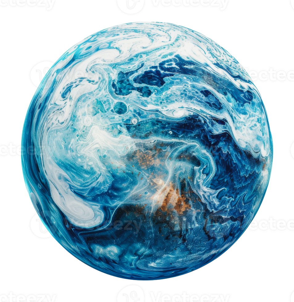 A watery planet in a white void, cut out - stock png. png