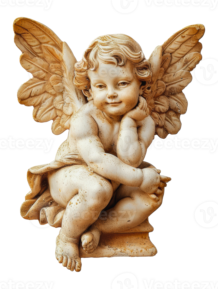 Sitting angel sculpture with wings, cut out - stock png. png