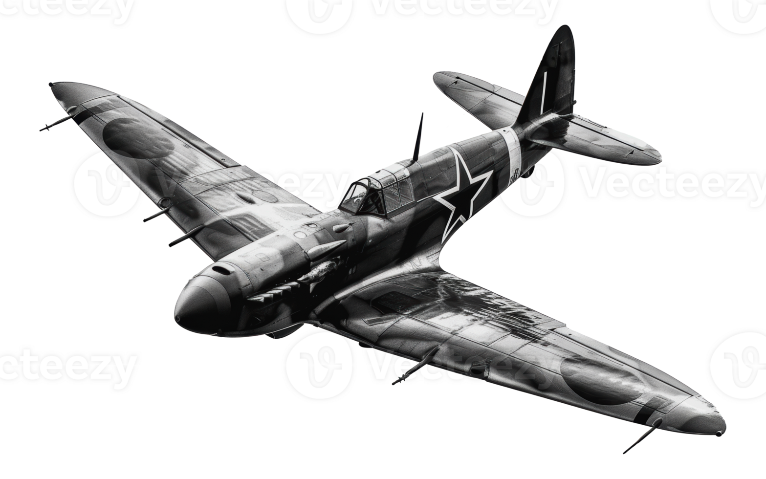 Black and white photograph of a camouflaged fighter plane in flight, cut out - stock png. png